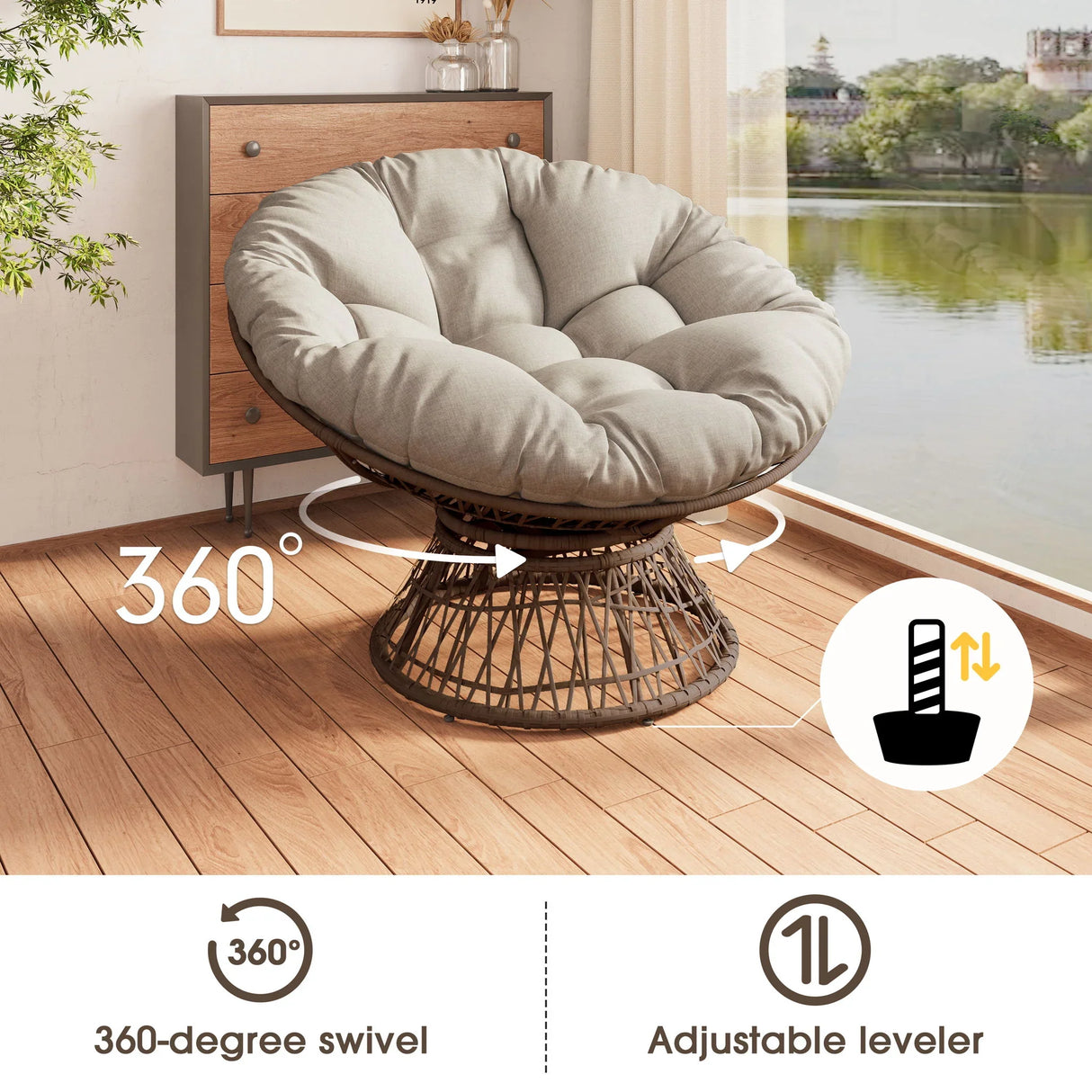Ergonomic Wicker Chair With Cloud Thick Density Cushion, 3 Proof Cover High Capacity Iron Frame Fluid 360° Swivel - Furniture Home Direct