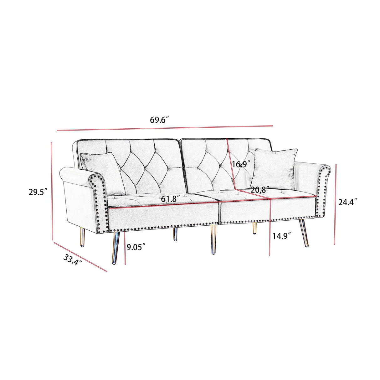 Velvet Tufted Sofa Couch With 2 Pillows And Nailhead Trim - Furniture Home Direct