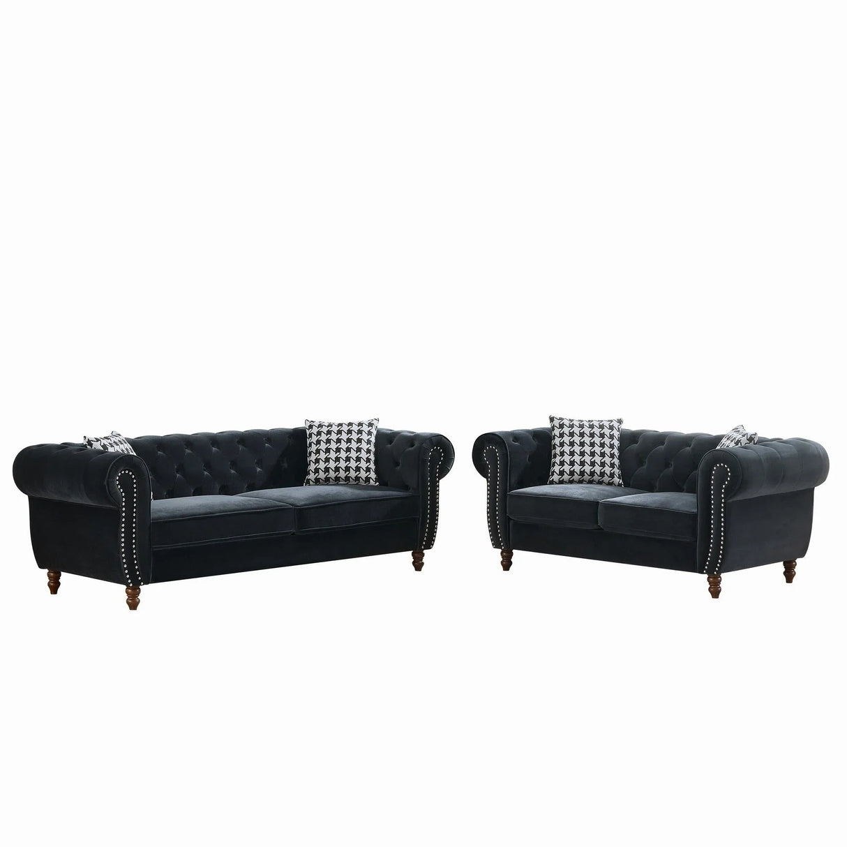 Chesterfield 3 And 2 Seater Velvet Upholstery Sofa With Roll Armrest & Nailhead Fabric Couch - Furniture Home Direct