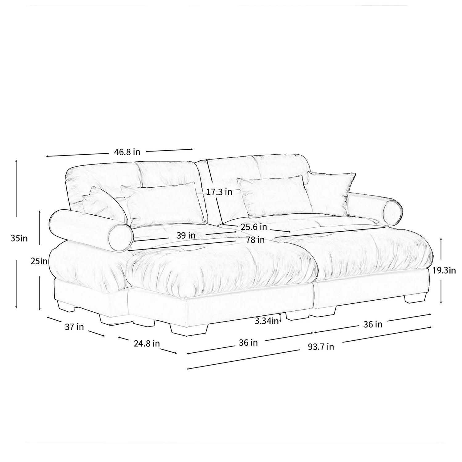 Modern Sectional Sofa With Ottoman, Round Bolster Armrests, Waist And Throw Pillows - Furniture Home Direct