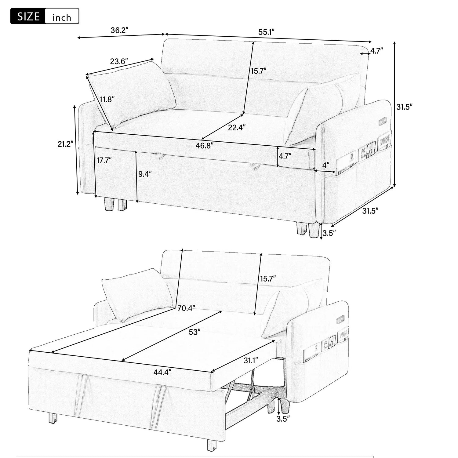 Pull Out Sleep Sofa Bed Loveseats Sofa Couch With Adjsutable Backrest, Storage Pockets, 2 Soft Pillows, USB Ports For Living Room, Bedroom, Apartment, Office - Furniture Home Direct