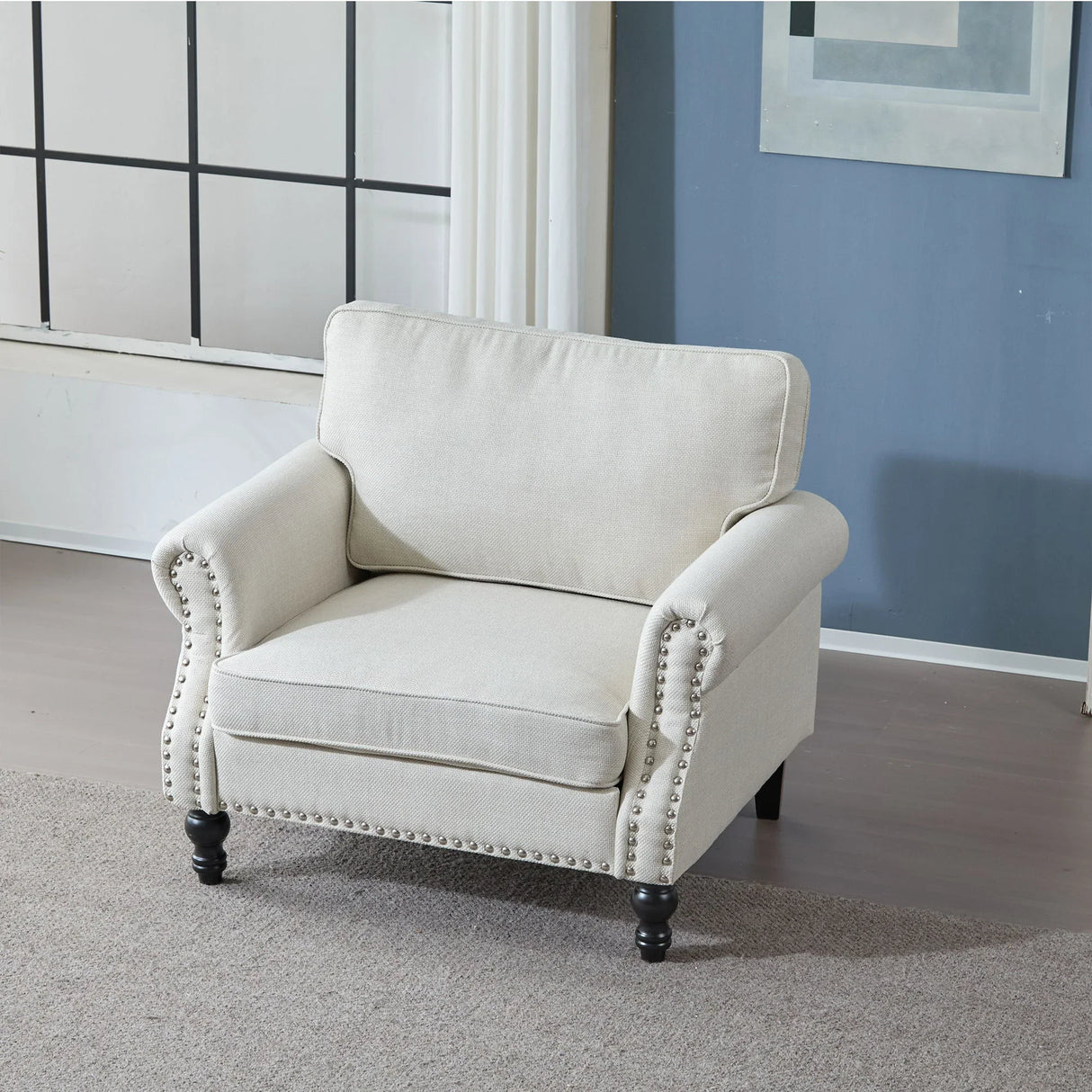 Rolled Arm Sofa With Nailhead Trim, 1 Seater Upholstered Couch With Wooden Legs - Furniture Home Direct