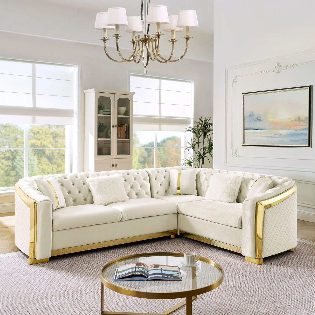 L Shaped Chesterfield Sectional Sofa With Stainless Steel Accents - Furniture Home Direct