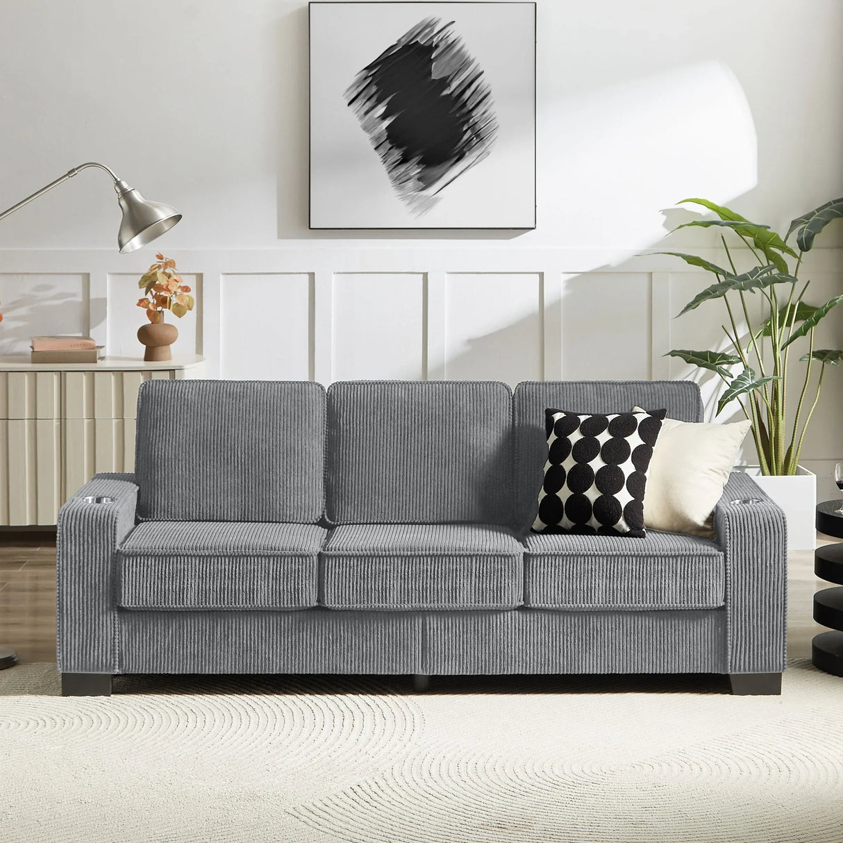 Modern Corduroy Fabric Sofa, 3 Seater Compressed Couch With Cup Holders - Furniture Home Direct