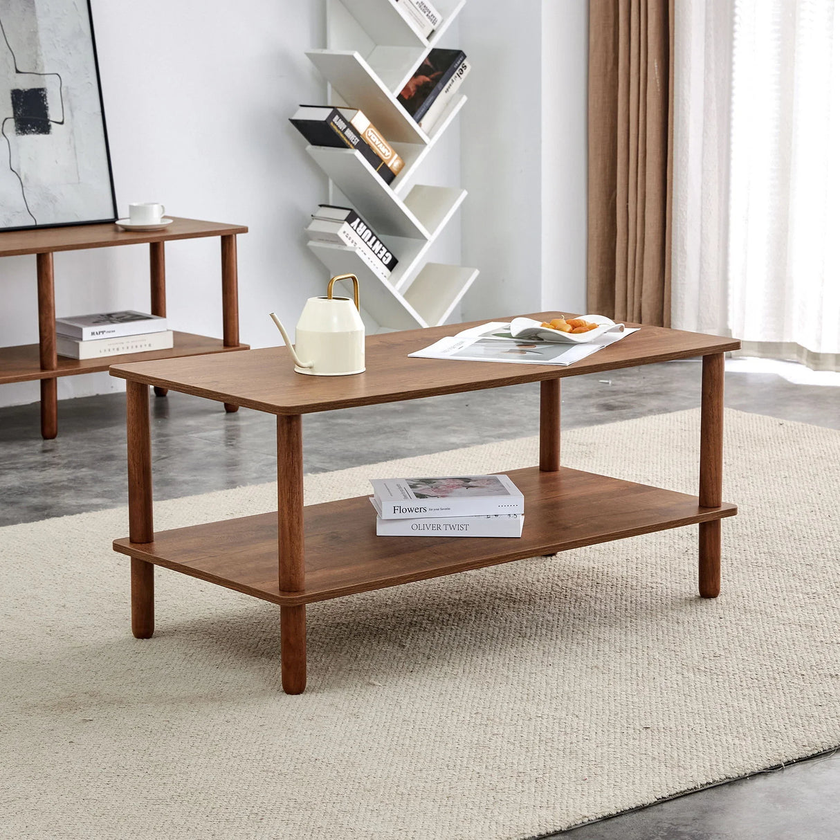 Modern 2 Tier, Rectangular Center Coffee Table With Open Storage Shelf, Rounded Legs - Furniture Home Direct