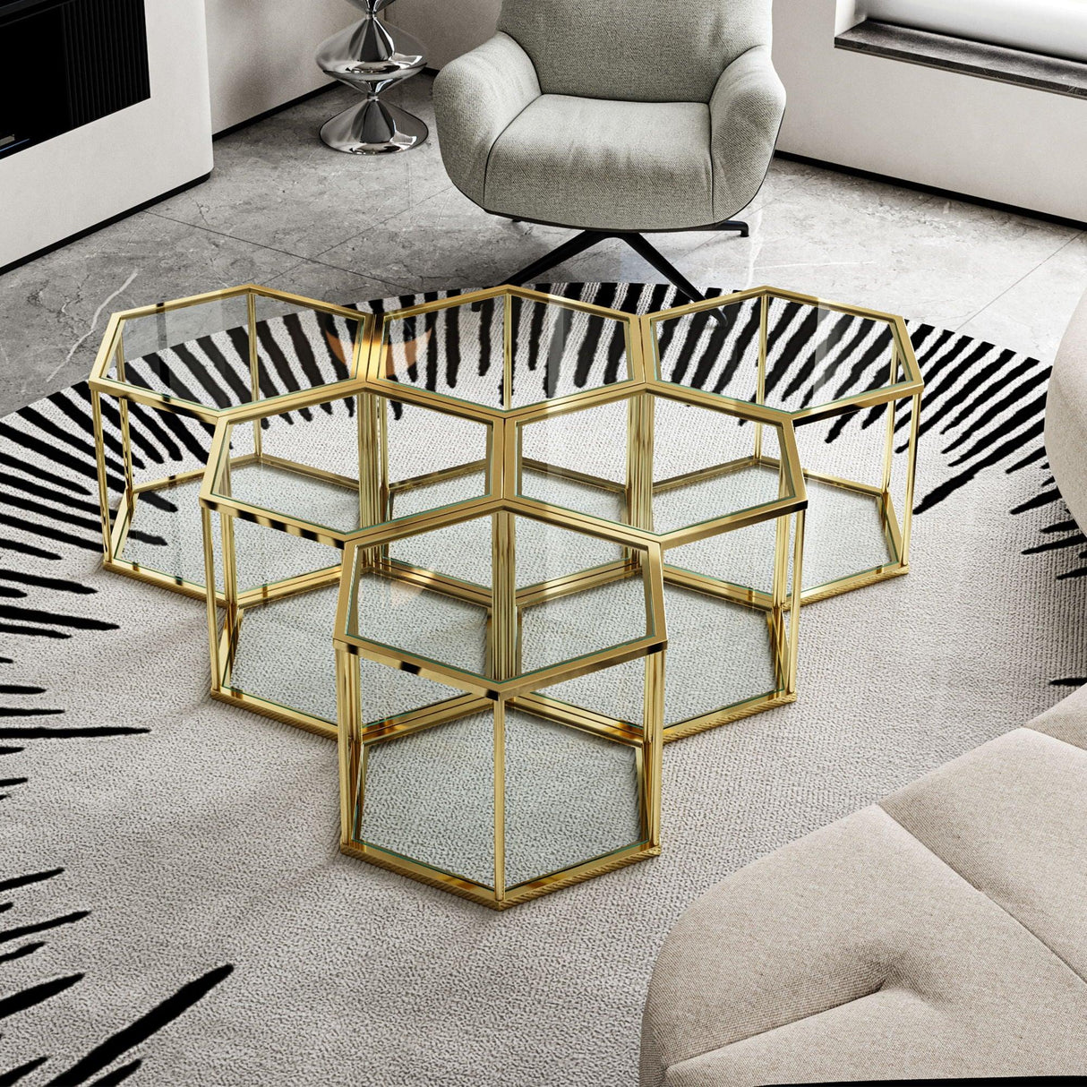 Modern Coffee Table With Double Layer Tempered Glass And Polygonal Design - Furniture Home Direct