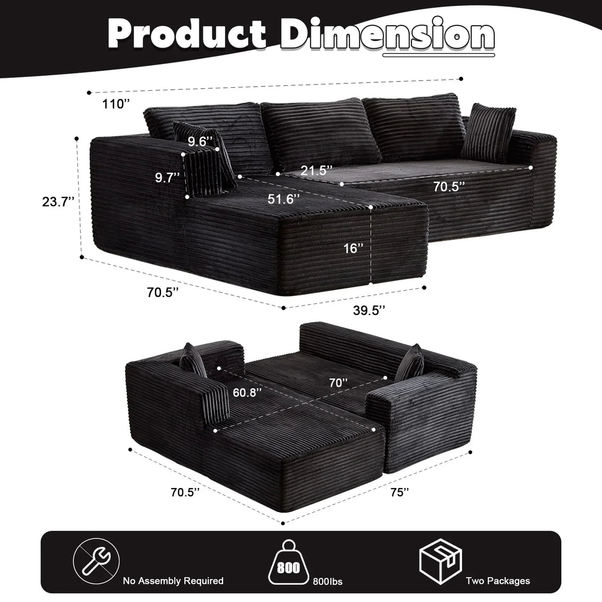 Compression Sectional Couch With Comfy Chaise, Boneless L Shape Sofa With Deep Seat - Furniture Home Direct