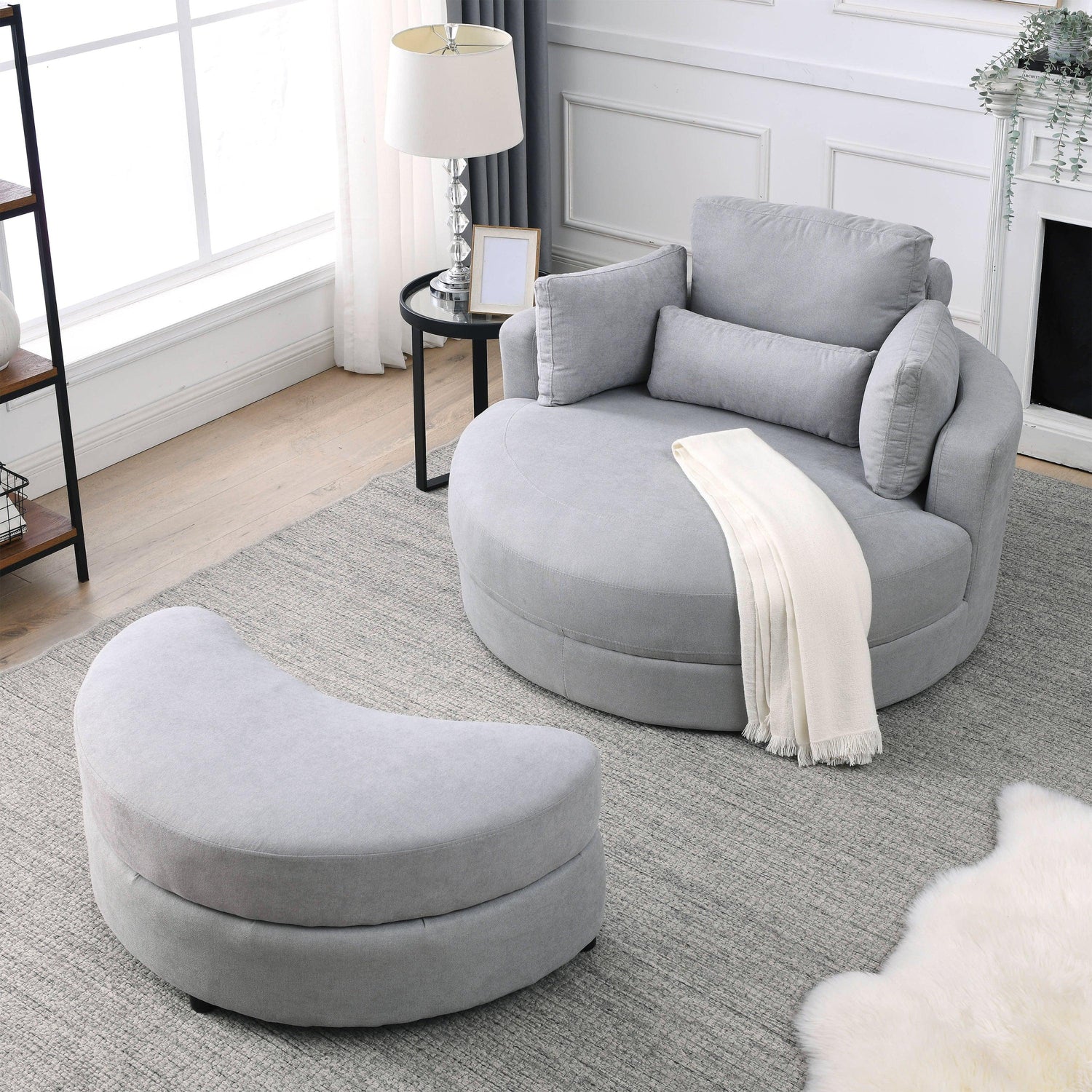 Linen Barrel Swivel Chair With Storage Ottoman - Furniture Home Direct