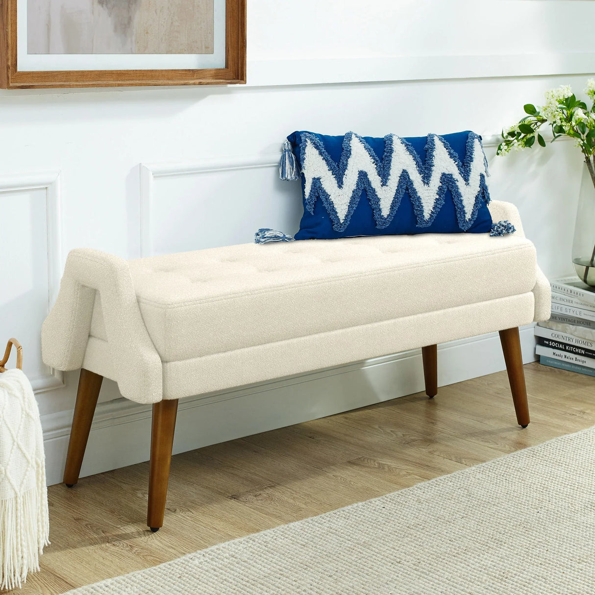 Modern Living Room Bench With Looped Yarn Fabric And Rubber Wooden Legs - Furniture Home Direct