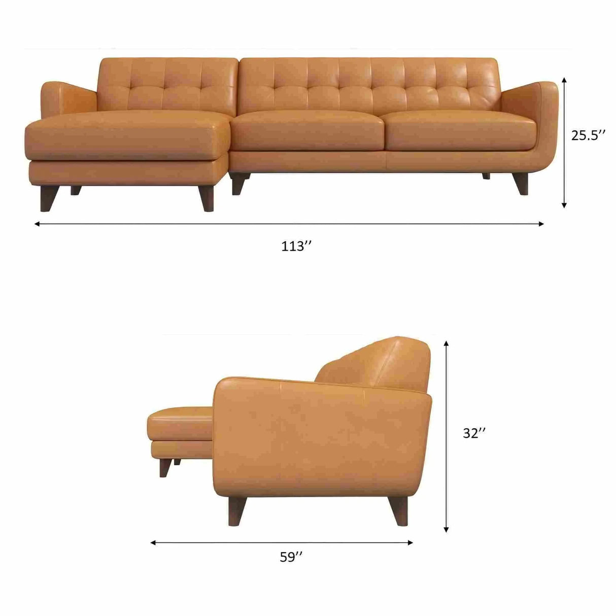 Allison - Mid-Century Modern Leather Sectional Sofa Chaise - Furniture Home Direct