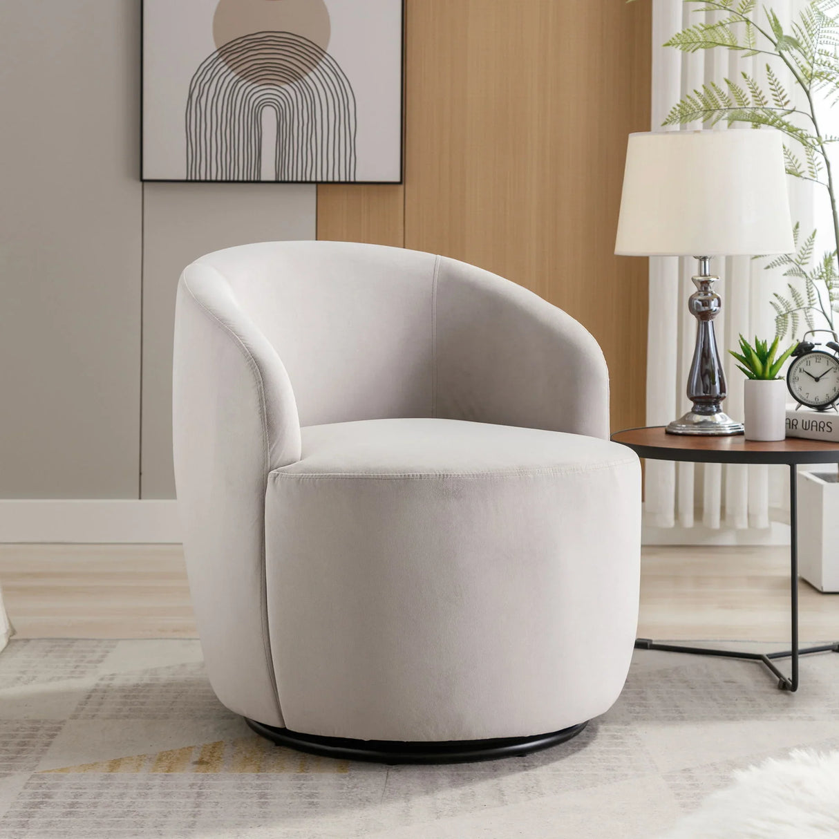 Velvet Fabric Swivel Accent Armchair Barrel Chair With Powder Coating Metal Ring - Furniture Home Direct
