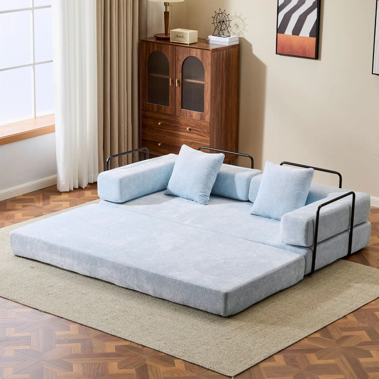 Convertible Floor Sofa Bed With Pillow Back Support Armrest - Furniture Home Direct