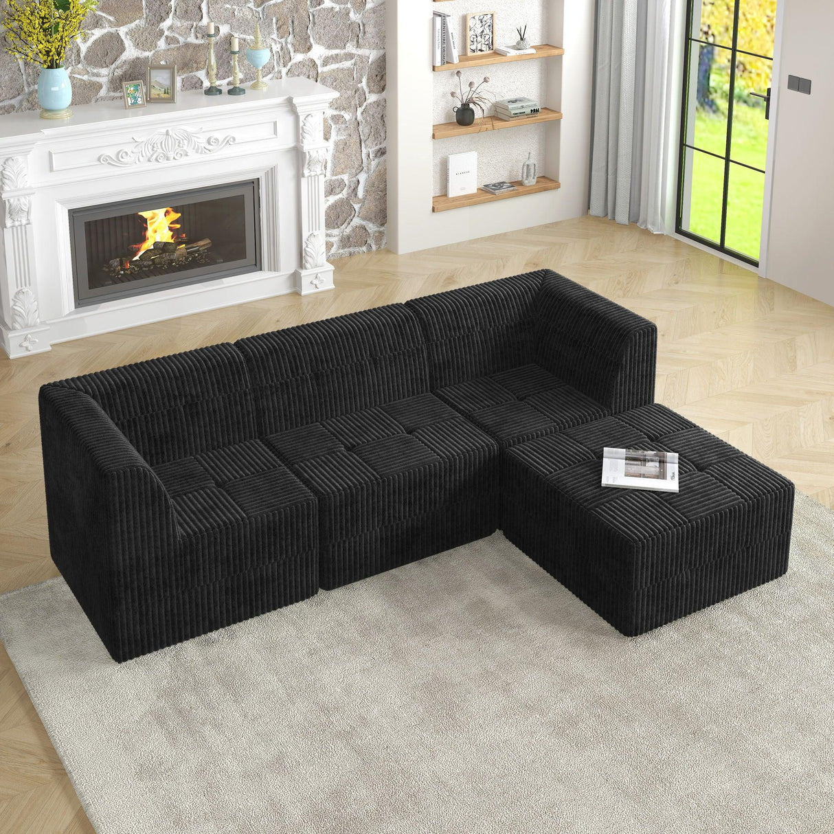 Modern Minimalist L Shape Modular Sectional Sofa, Sleeper Corduroy Couch - Furniture Home Direct