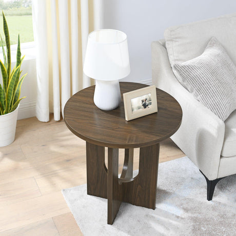 Round Side Table With X Leg Base MDF Finish Natural Walnut - Furniture Home Direct