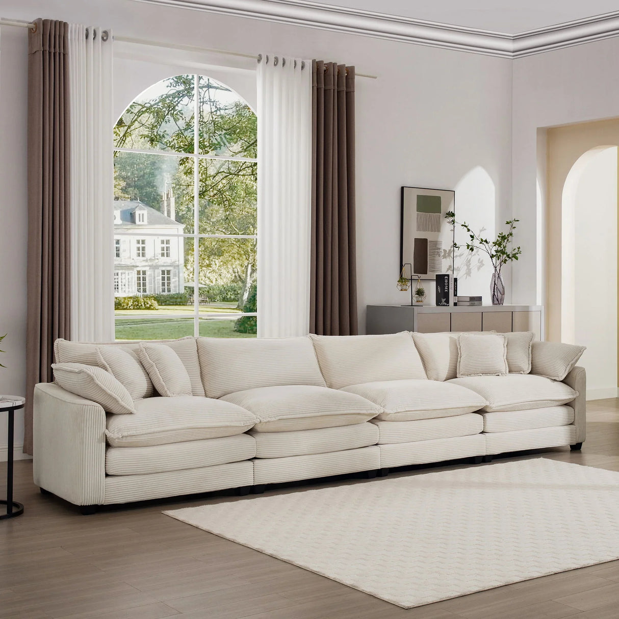 Modern Upholstered 4 Seater Corduroy Fabric Sofa With Arm And Throw Pillows - Furniture Home Direct