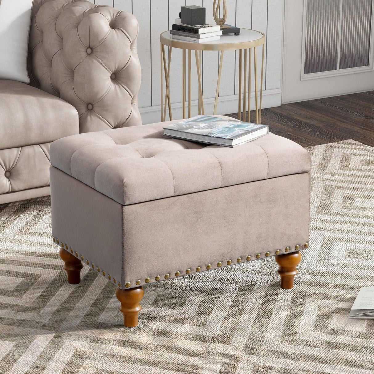 Upholstered Ottoman With Storage And Rivet Trim - Furniture Home Direct