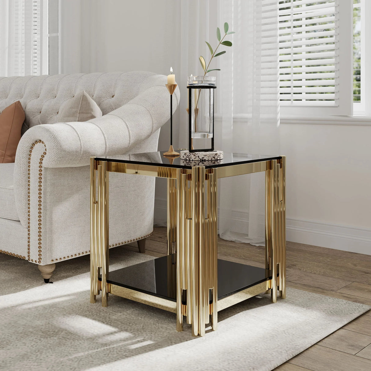 Square End Table With Tempered Glass Top For Living Room - Furniture Home Direct