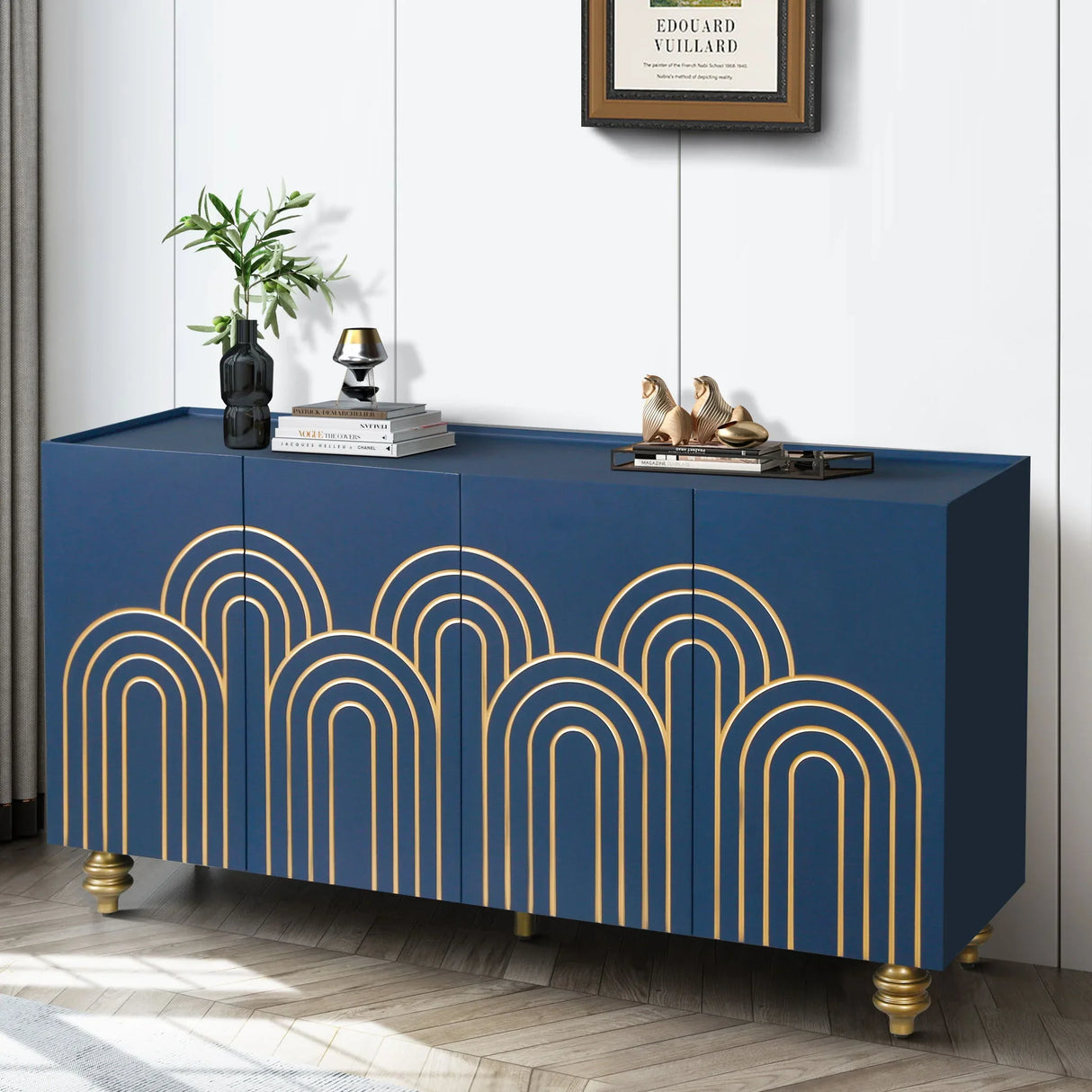 Modern Fluted Sideboard Buffet With Storage, Curve Element, 4 Doors With Adjustable Shelves