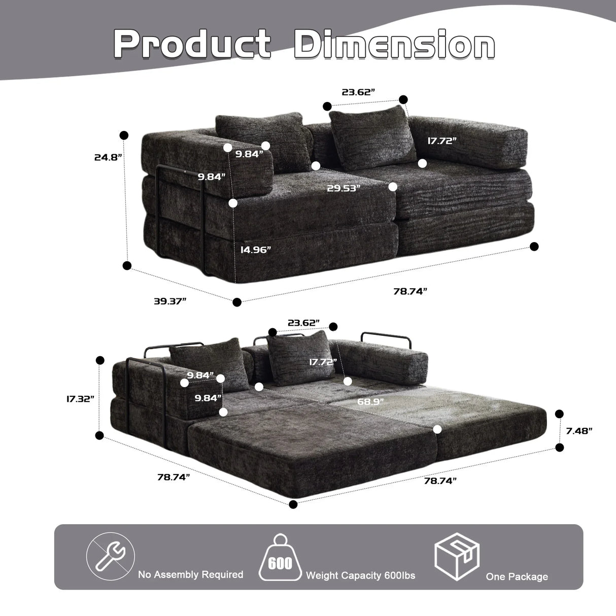 Convertible Floor Sofa Bed With Pillow Back Support Armrest