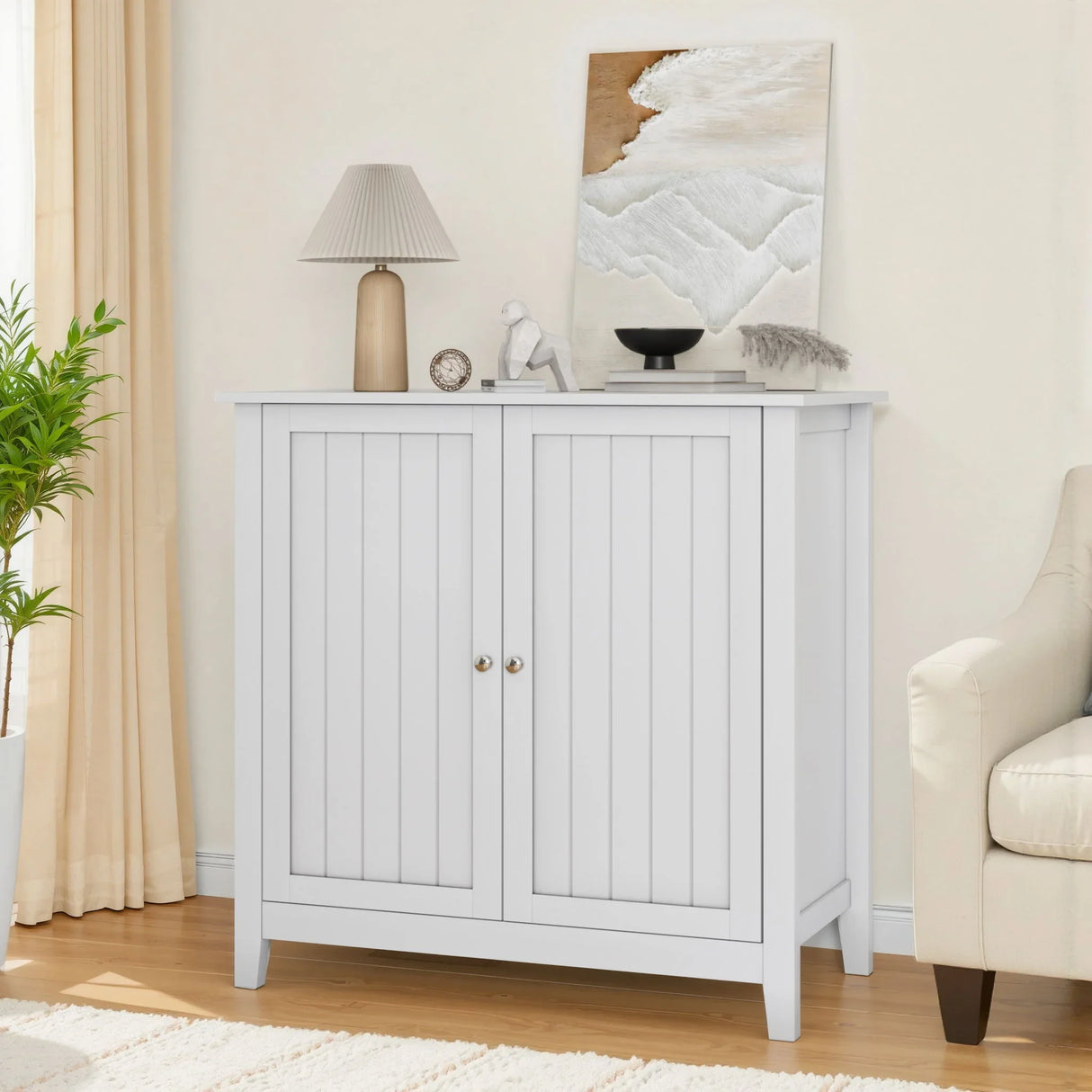 Mid Century Modern Double Door Storage Cabinet With Knobs - White - Furniture Home Direct