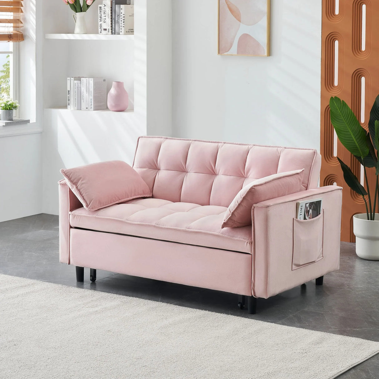 Modern Velvet Sofa, Sofa Pull-Out Bed, Small Love Seat Casual Sofa With Back, With Pillow, Pockets, Living Room Furniture, 3 In 1 Convertible Sleep Sofa Bed - Furniture Home Direct