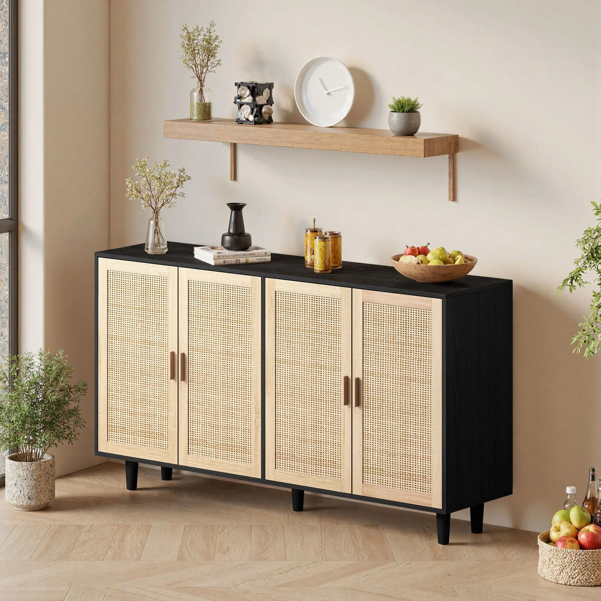 Elegant And Functional Rattan Decorative Storage Cabinet With 4 Doors - Furniture Home Direct
