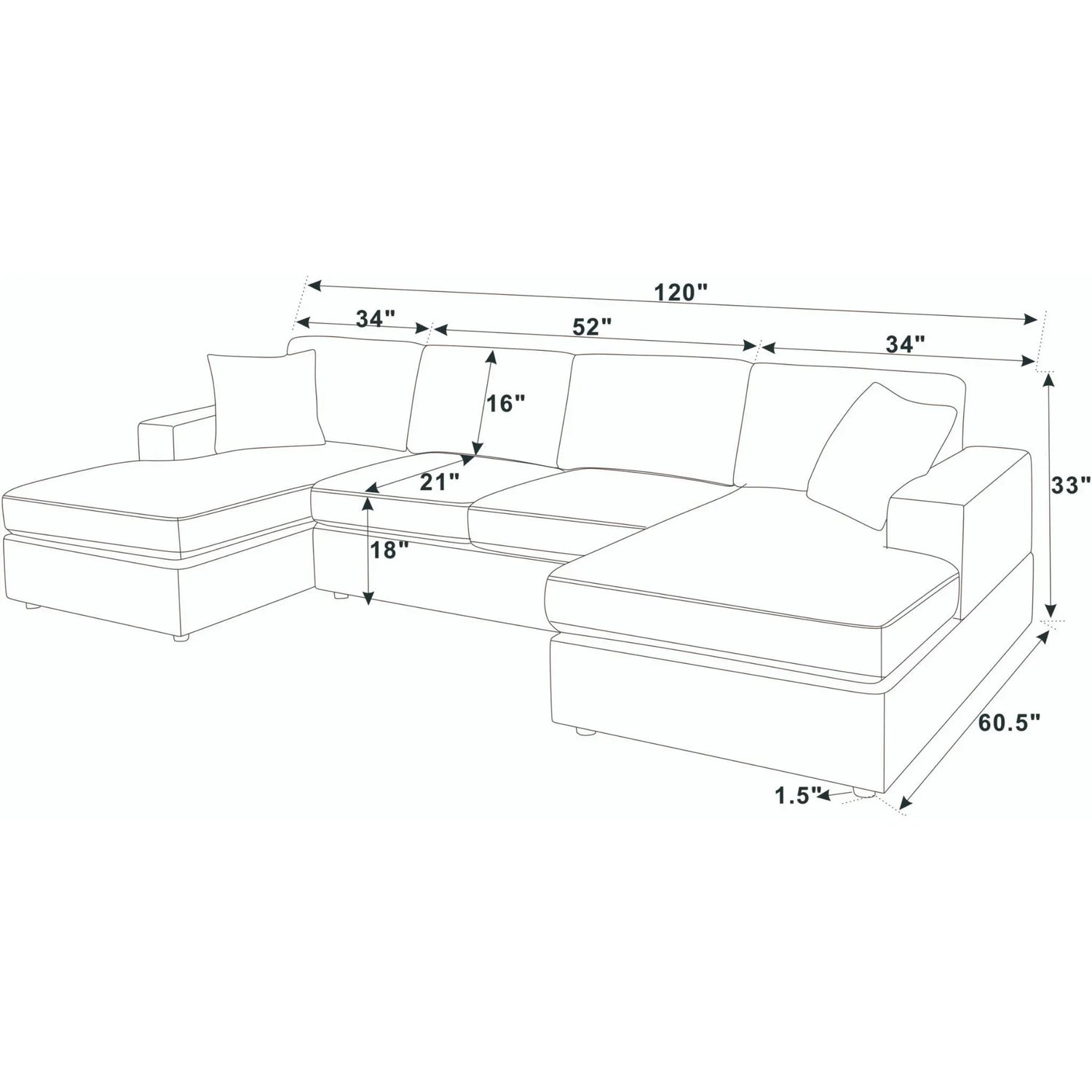 3 Piece Corduroy Double Chaise Sectional Sofa - Furniture Home Direct