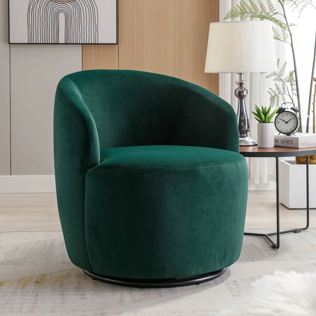 Velvet Fabric Swivel Accent Armchair Barrel Chair With Powder Coating Metal Ring - Furniture Home Direct