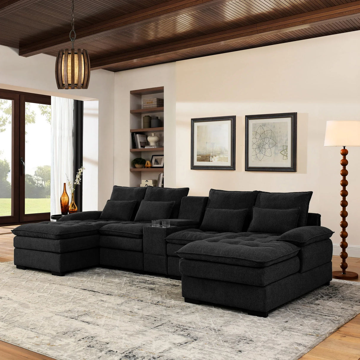 Contemporary U Shaped Sofa With Console And Cupholders - Furniture Home Direct