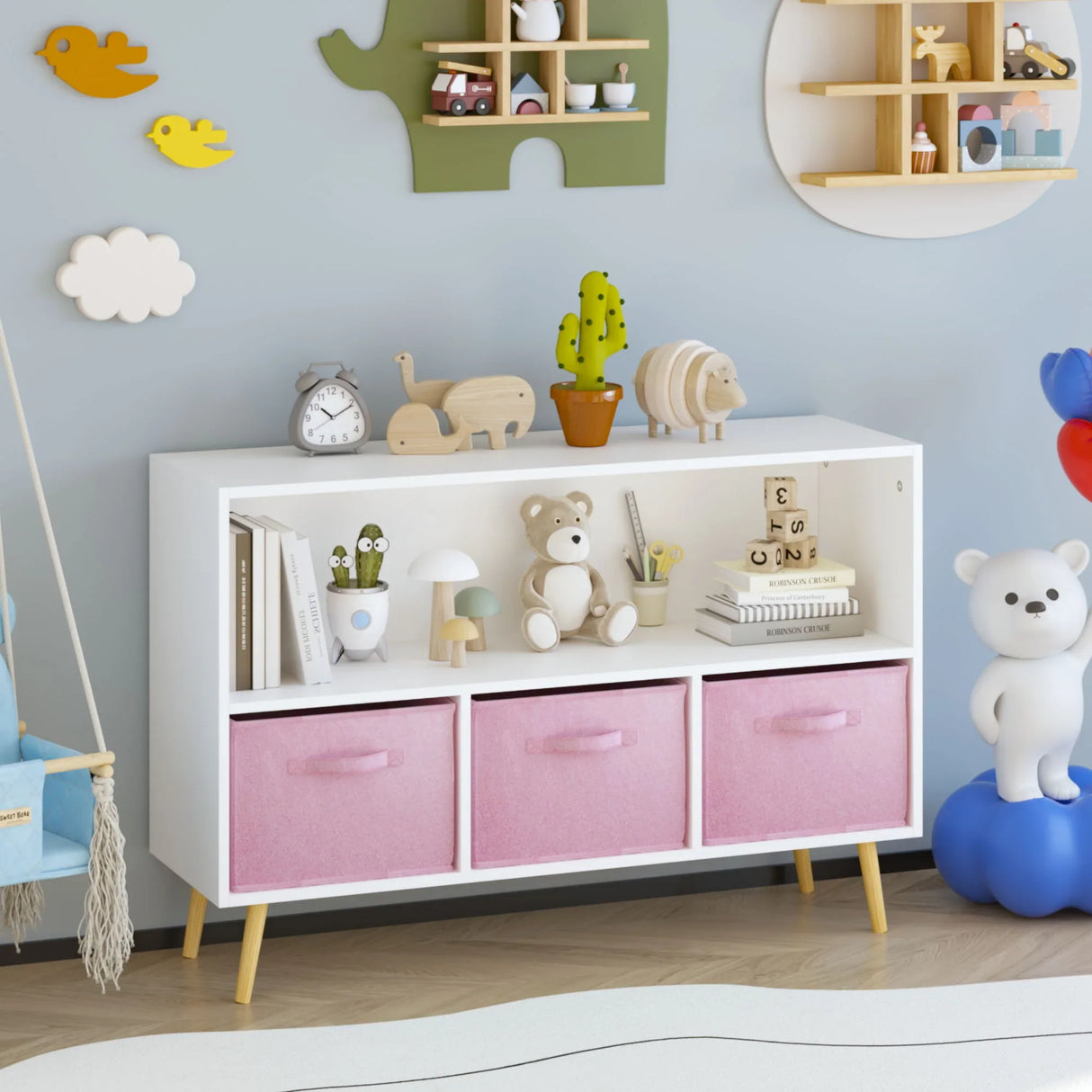 Kids Bookcase With Collapsible Fabric Drawers, Children's Book Display, Toy Storage Cabinet Organizer - White / Pink - Furniture Home Direct