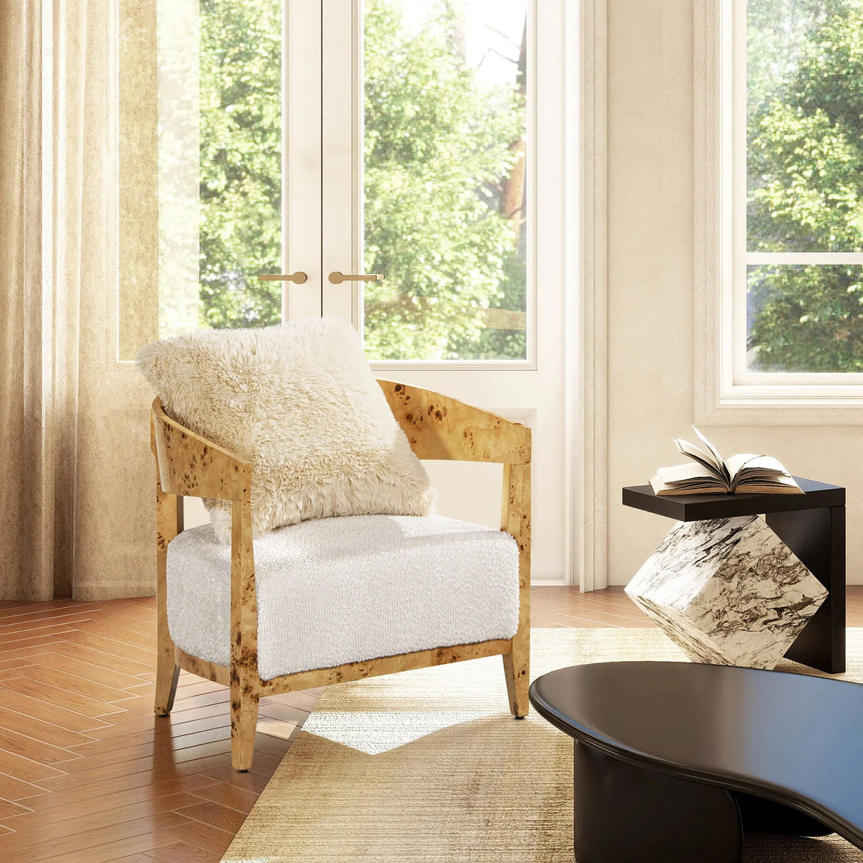 Madrid - Burl Barrel Accent Arm Chair - Seashell White - Furniture Home Direct