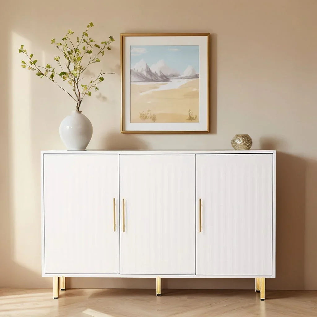 3 Door Large Storage Sideboard With Handles For Kitchen, Dining Room And Living Room, Accent Buffet Cabinet, Coffee Bar Sideboard Cabinet With 3 Doors - White / Gold - Furniture Home Direct