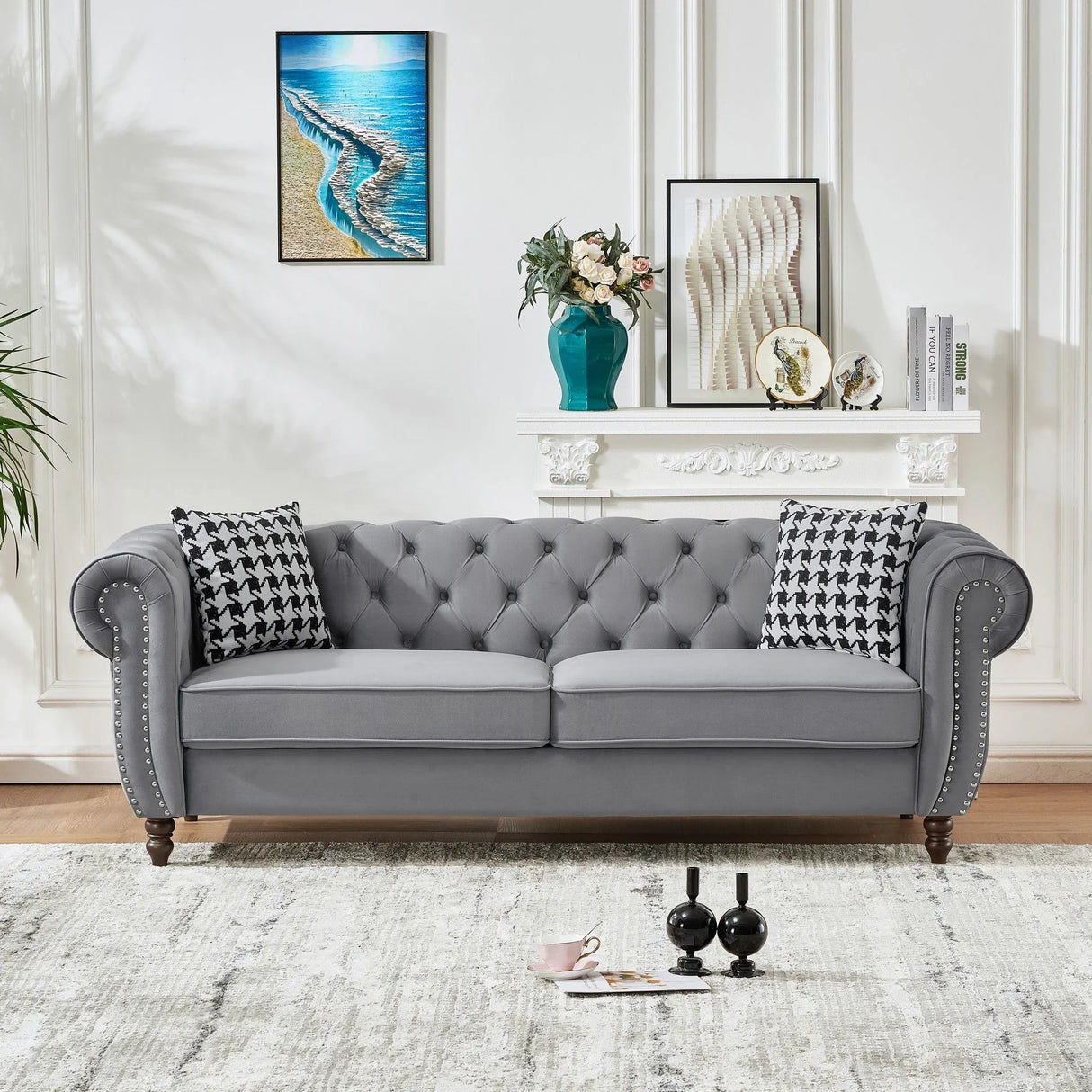 Chesterfield Velvet Upholstery Fabric Sofa With Roll Armrest & Nailhead - Furniture Home Direct