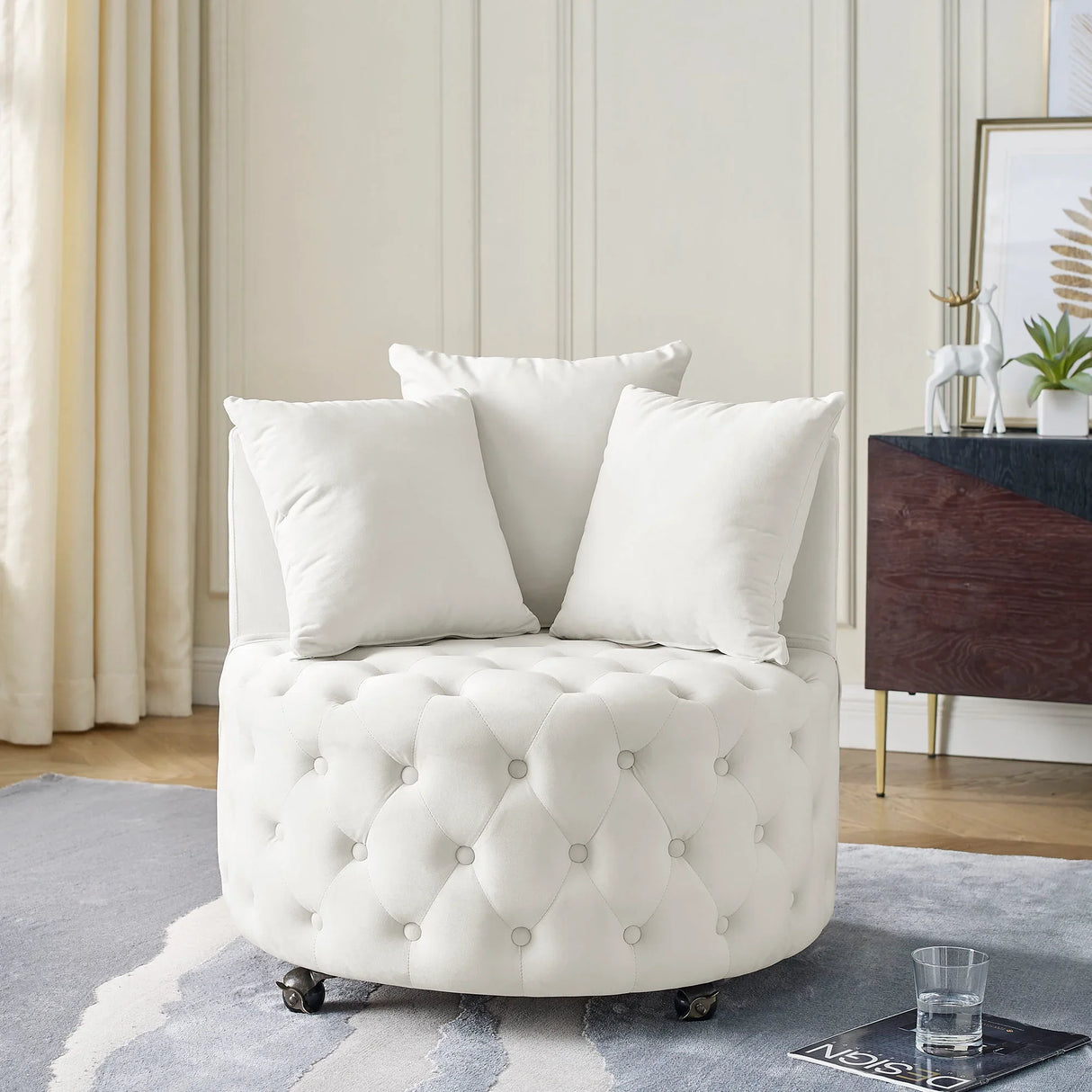Modern Upholstered Swivel Chair With Button Tufted Design And Movable Wheels - Furniture Home Direct