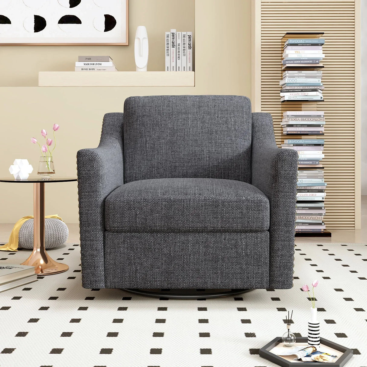 360 Degree Swivel Armchair, Skin Friendly Fabric, Ergonomic Design, Brass Nail Decorative Armchair - Furniture Home Direct