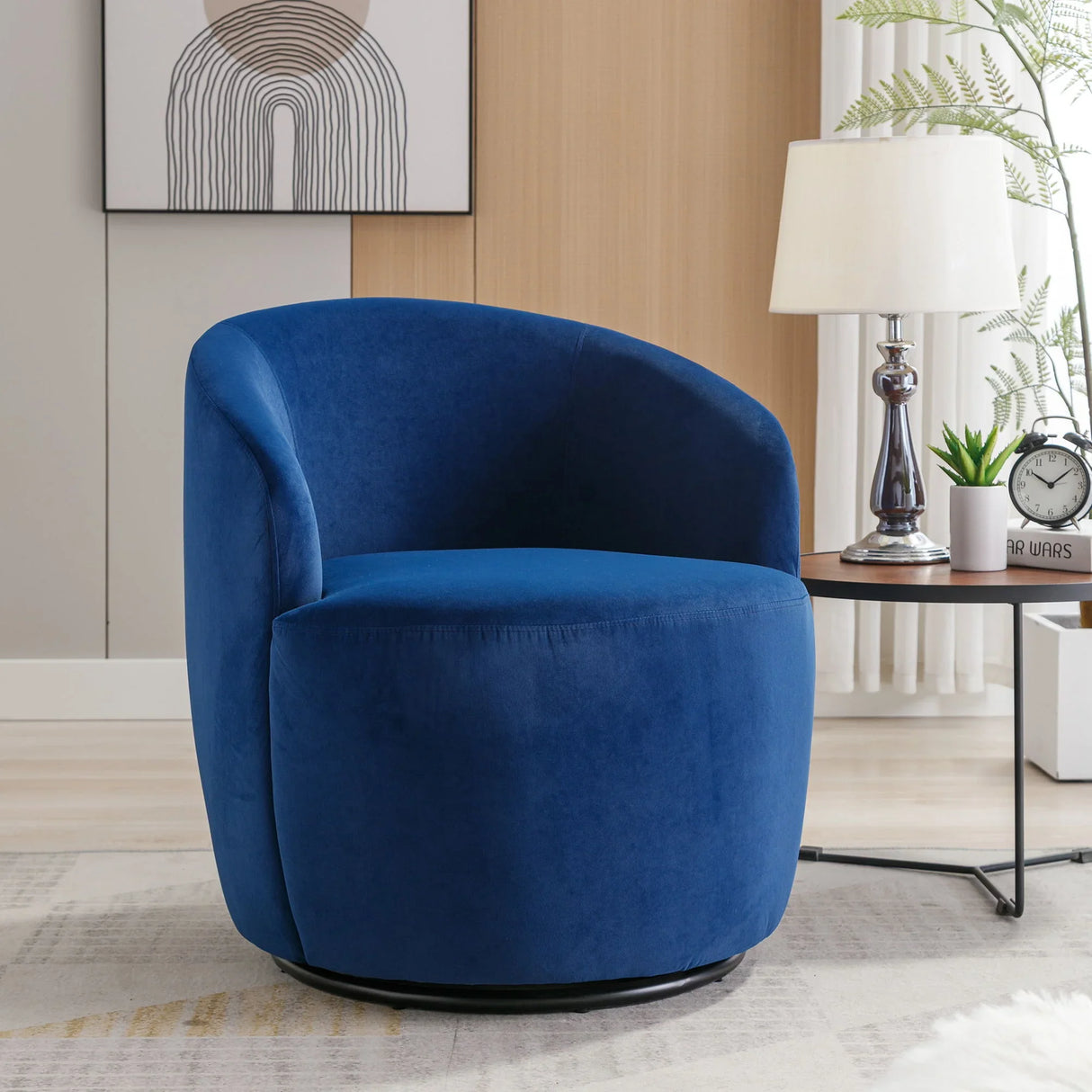 Velvet Fabric Swivel Accent Armchair Barrel Chair With Powder Coating Metal Ring - Furniture Home Direct