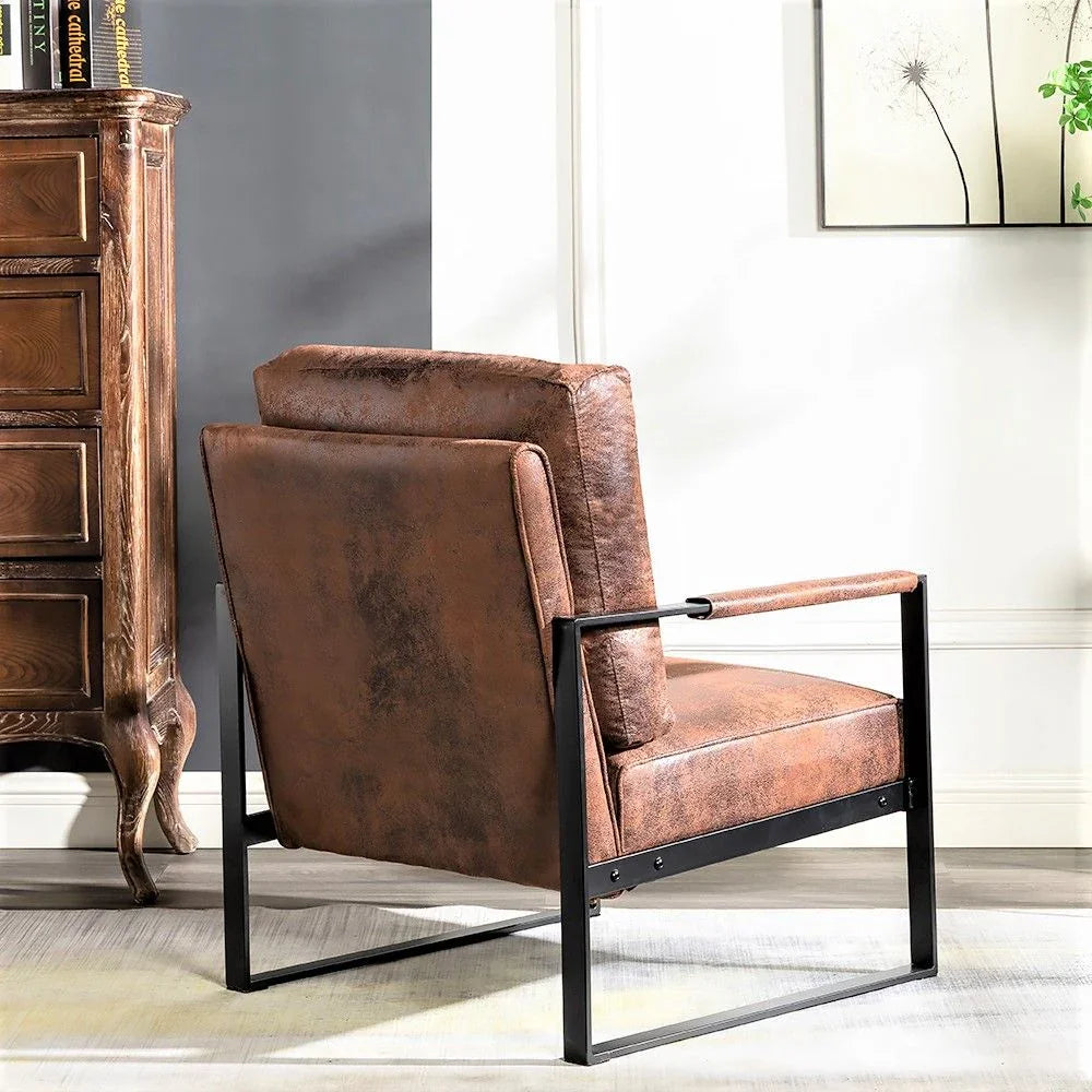 Classic Mid Century Modern Accent Chair With Durable Square Metal Frame, Armchair For Living Room, Bedroom, Home Office Spotted Microfiber Upholstery - Brown - Furniture Home Direct