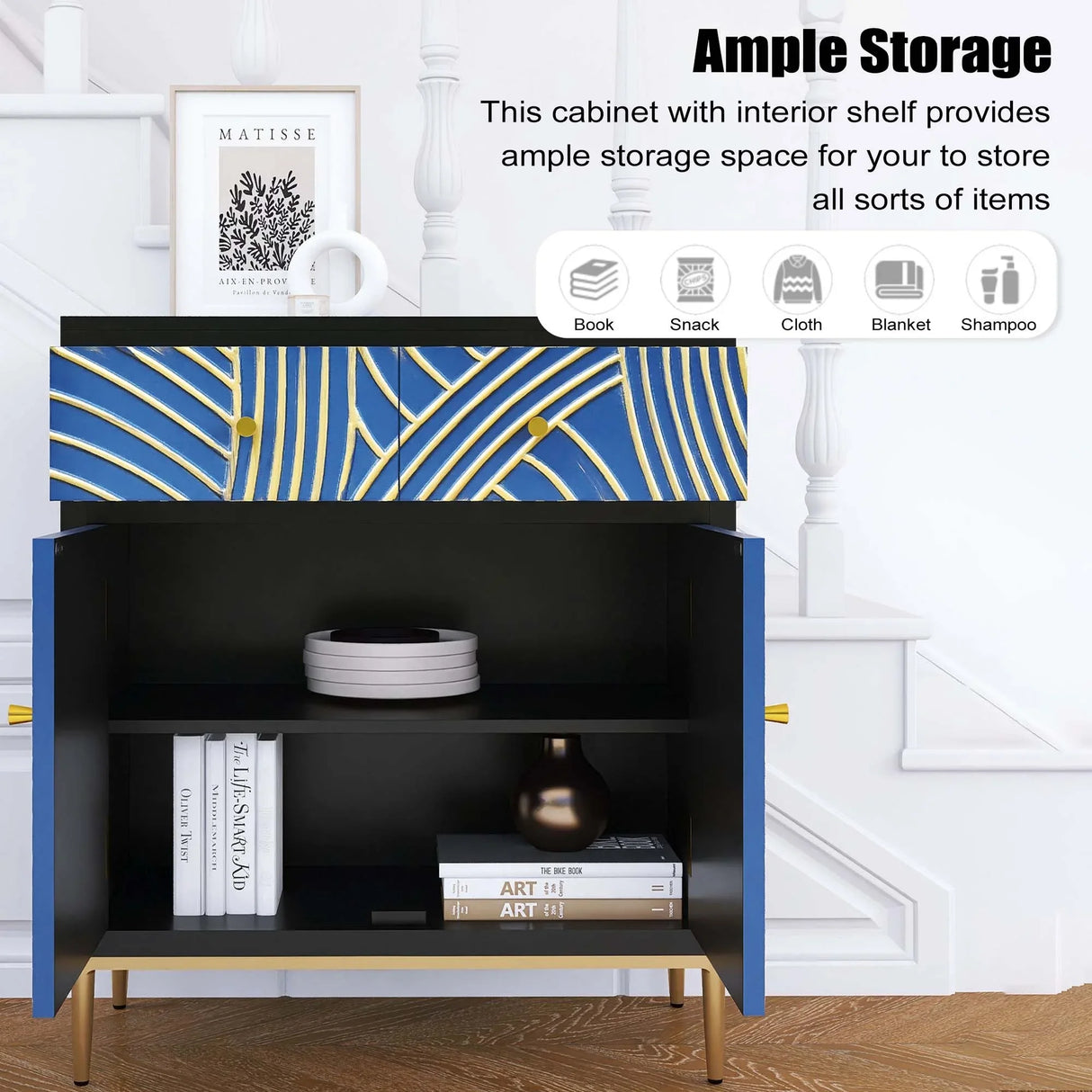 Accent Cabinet With Blue Panels Lacquered Black and Blue - Furniture Home Direct