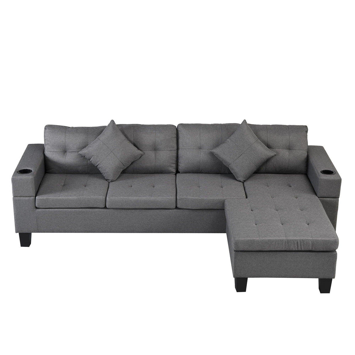 Modern Sectional Sofa Set With L Shape Chaise Lounge, Cup Holder, 4 Seat - Gray - Furniture Home Direct