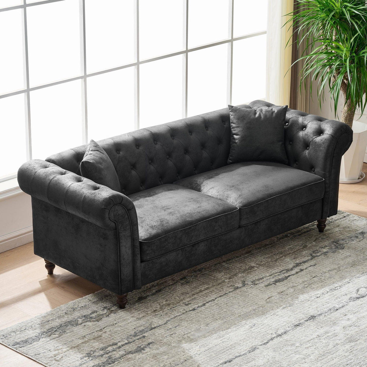 Chesterfield Sofa, High Tech Fabric Roll Armrest, 3 Seater Mid Century Modern Couch - Black - Furniture Home Direct