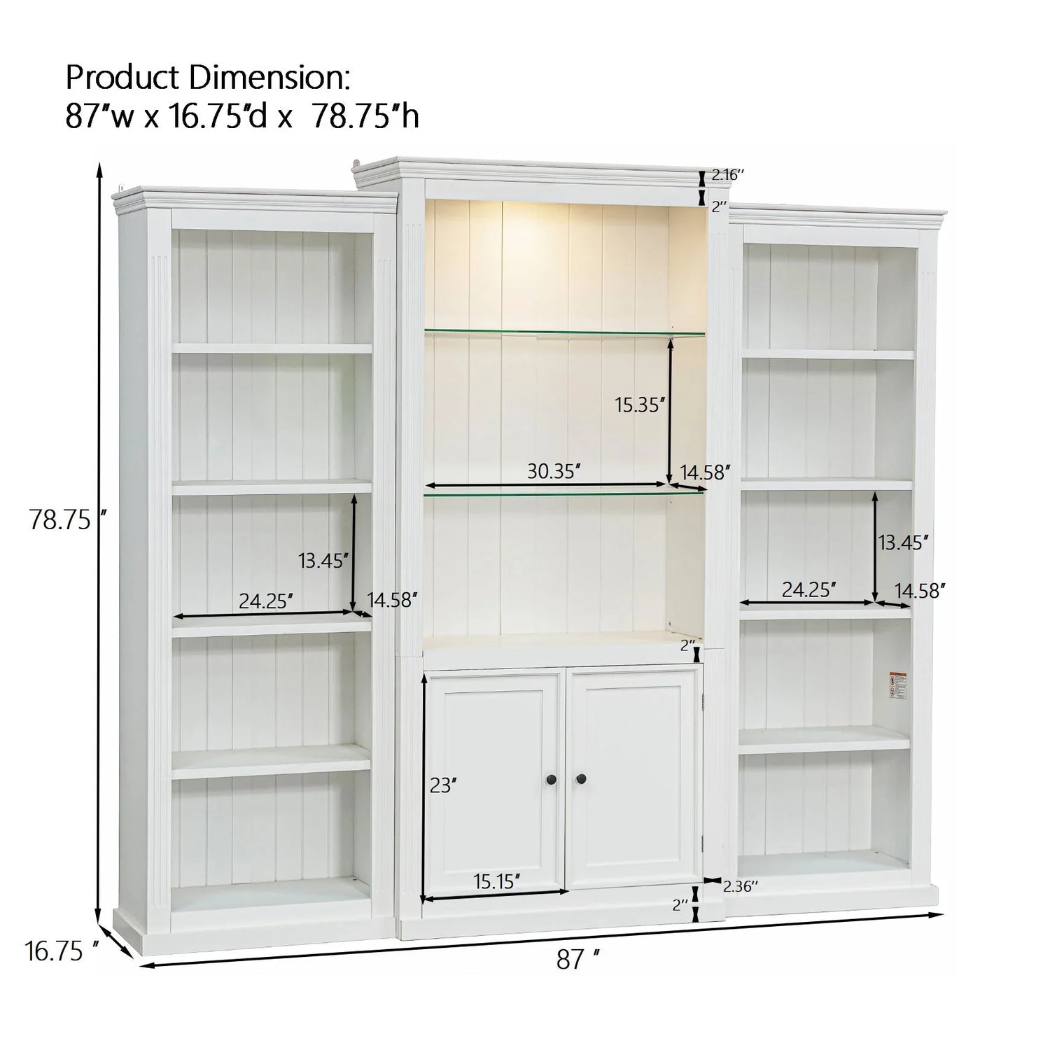 Retro Style 3 Piece Bookcase Display Cabinet With Adjustable LED Lighting, Tempered Glass Shelves - White - Furniture Home Direct