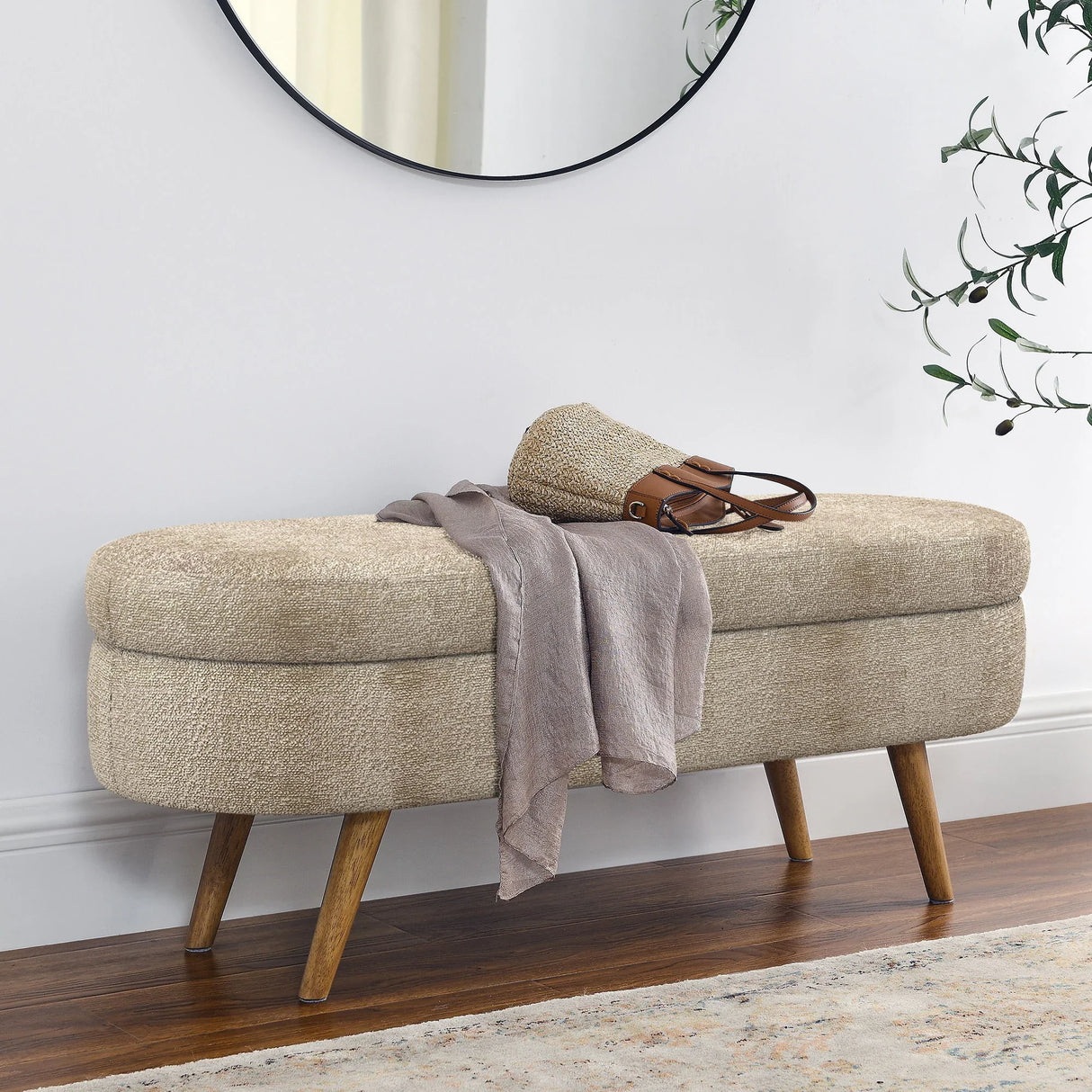Modern Ottoman Oval Storage Bench With Rubber Wood Legs - Furniture Home Direct