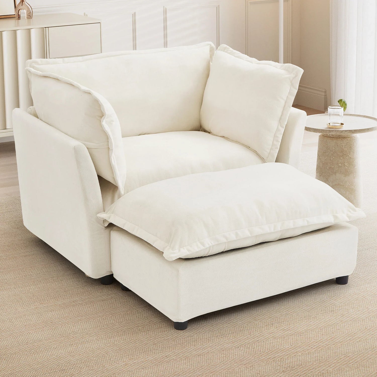 Modern Cozy Upholstered Armchair Sofa With Movable Ottoman - Furniture Home Direct