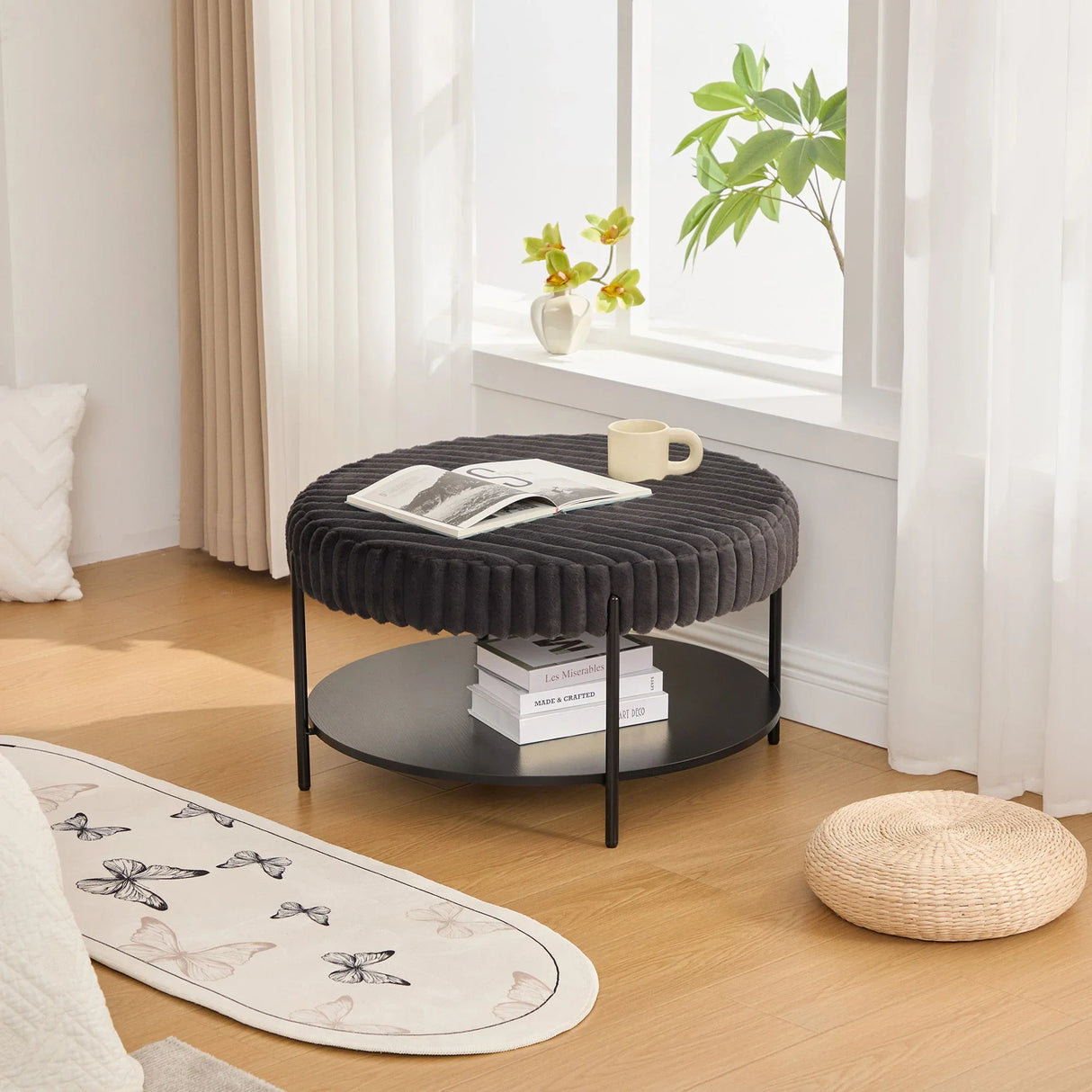 Modern Upholstered Round Ottoman Coffee Table With Storage Shelf - Furniture Home Direct