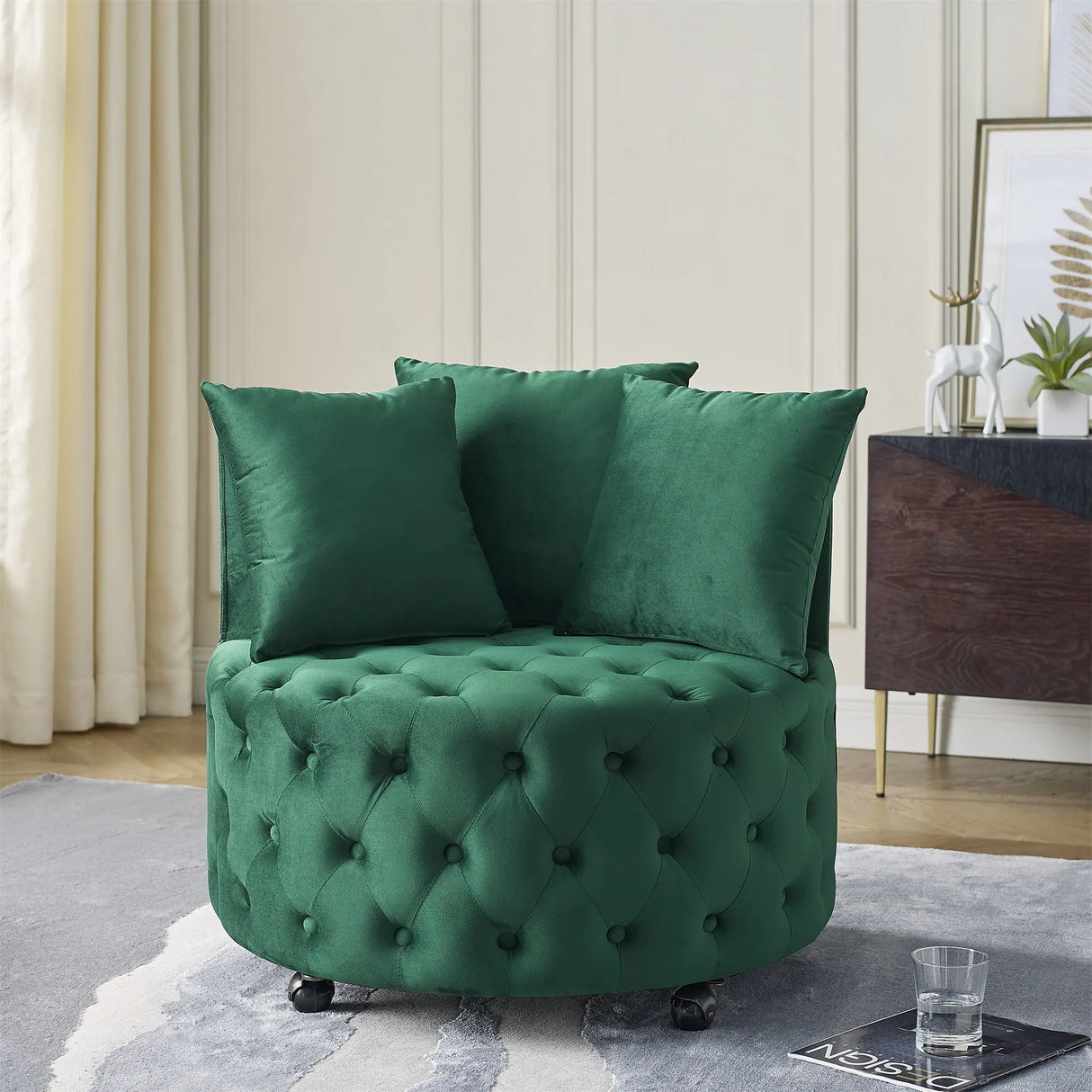 Modern Upholstered Swivel Chair With Button Tufted Design And Movable Wheels - Furniture Home Direct