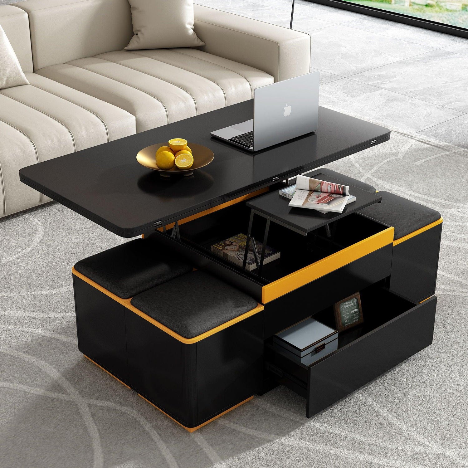 Multi Functional Adjustable Coffee Table With 4 Storage Stools - Furniture Home Direct