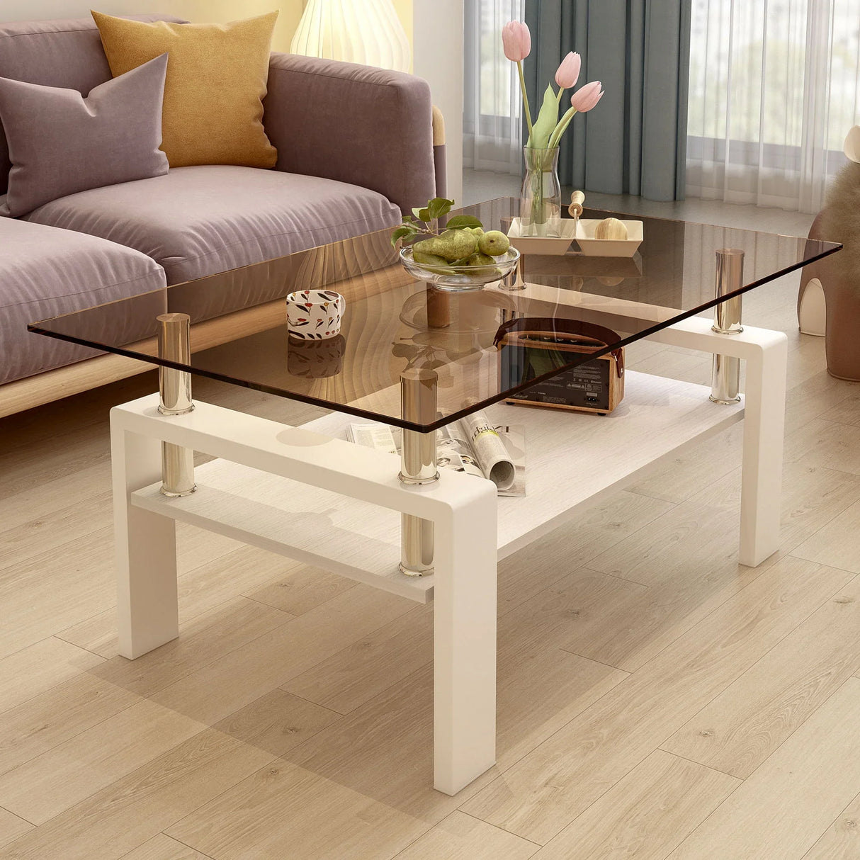 Modern Rectangular Coffee Table With Tempered Transparent Glass Top And Storage Shelf - Furniture Home Direct