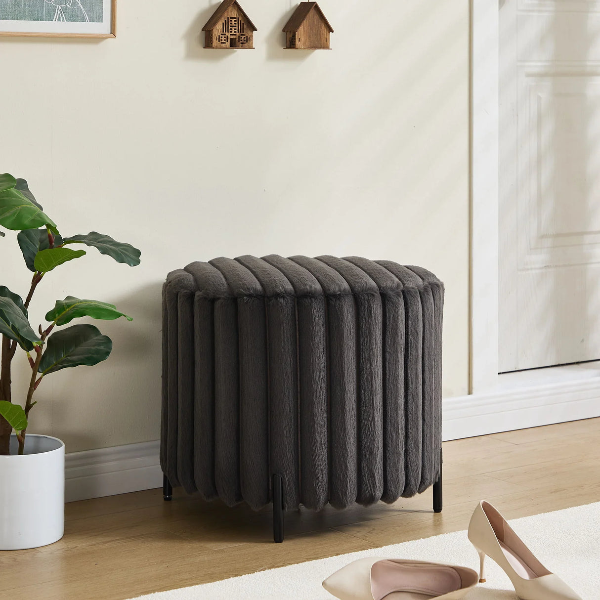 Wide Upholstered Round Pouf Ottoman Foot Rest - Furniture Home Direct