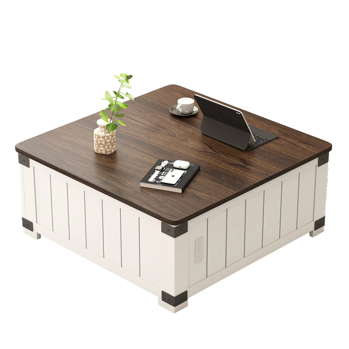 Farmhouse Style Lift Top Coffee Table With Storage And Charging Station - White Wood - Furniture Home Direct