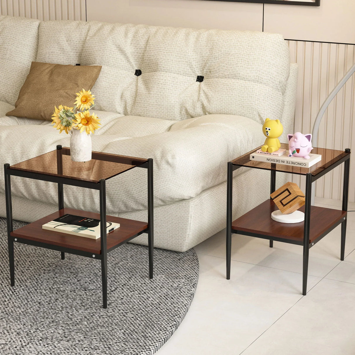 Modern Rectangle End Table (Set of 2) With Tempered Glass Tabletop And Layer - Brown - Furniture Home Direct